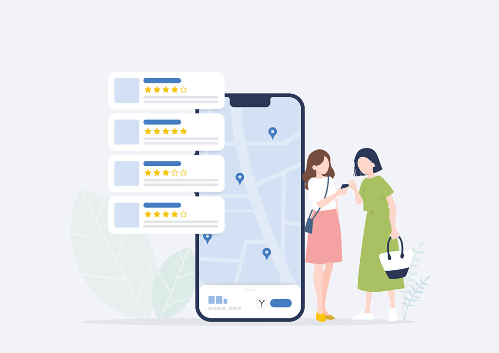 スマートフォンを使って人気のお店を探す2人の