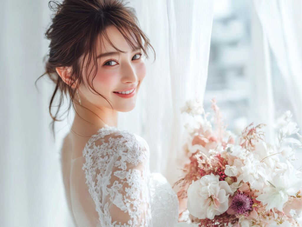 ウェディングドレス姿で笑顔を見せる美しい花嫁