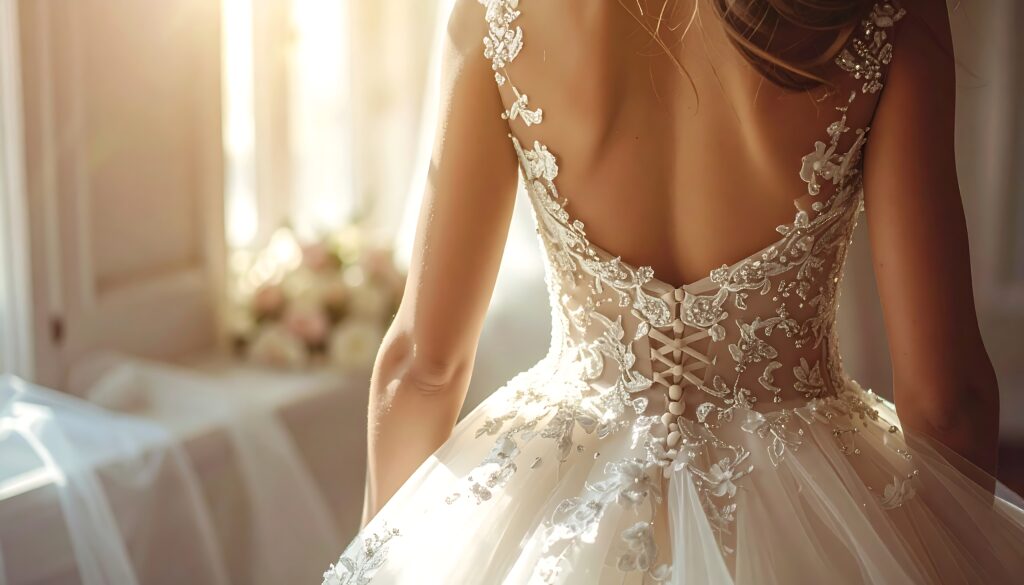 優雅で精巧なデザインのドレスを身にまとった女性