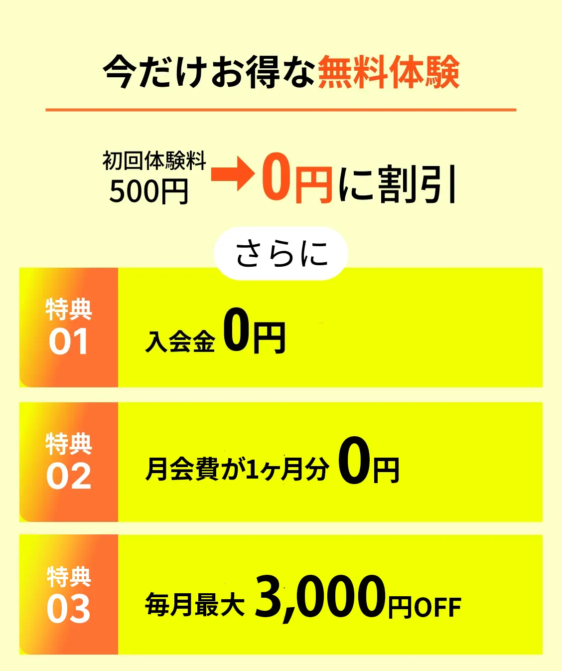 今だけお得な無料体験 初回体験料0円に割引500円