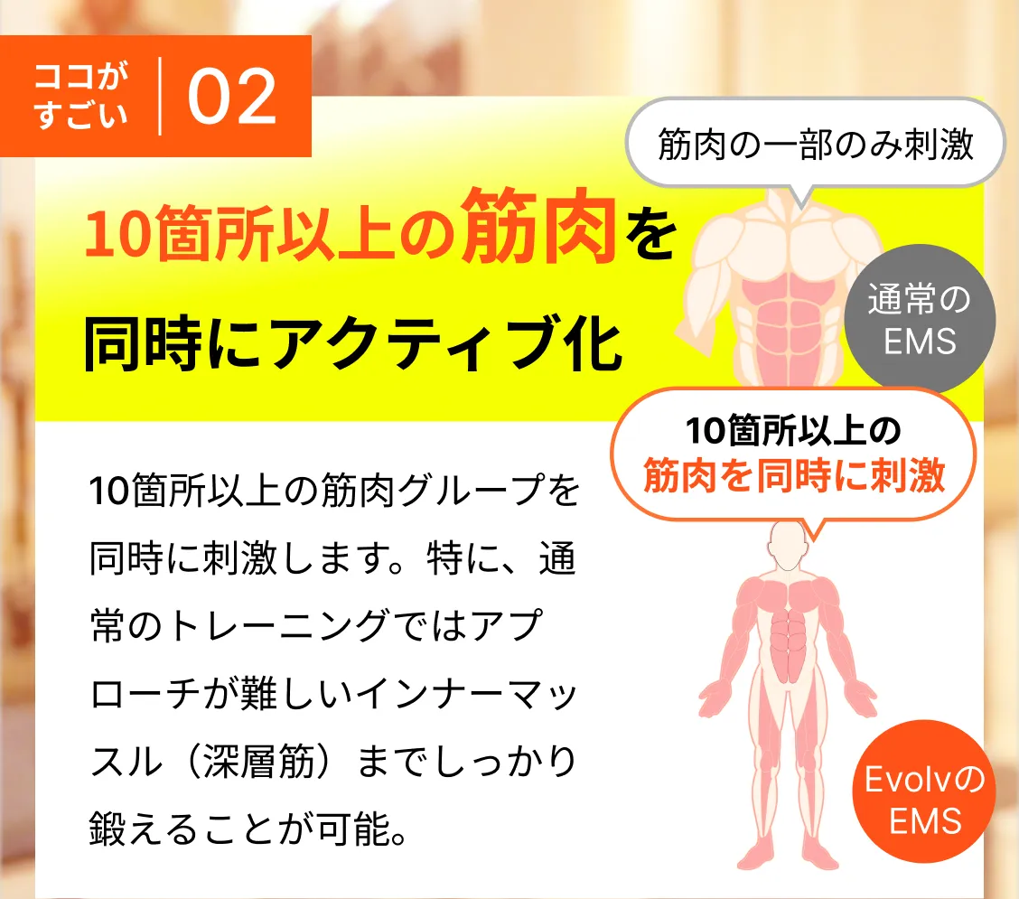 ココがすごい02：全身の筋肉を同時にアクティブ化 10以上の筋肉グループを同時に刺激します。特に、通常のトレーニングではアプローチが難しい**インナーマッスル（深層筋）**までしっかり鍛えることが可能。