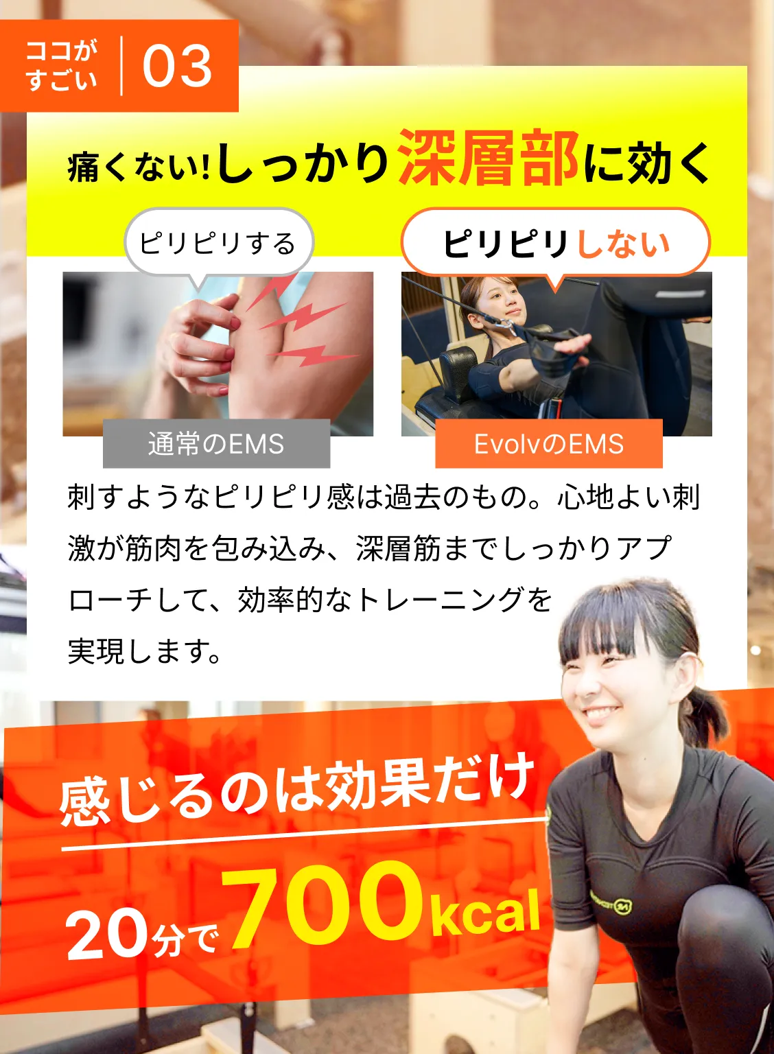 ココがすごい02：痛くない！しっかり深層部に効く 刺すようなピリピリ感は過去のもの。心地よい刺激が筋肉を包み込み、深層筋までしっかりアプローチして、効率的なトレーニングを実現します。